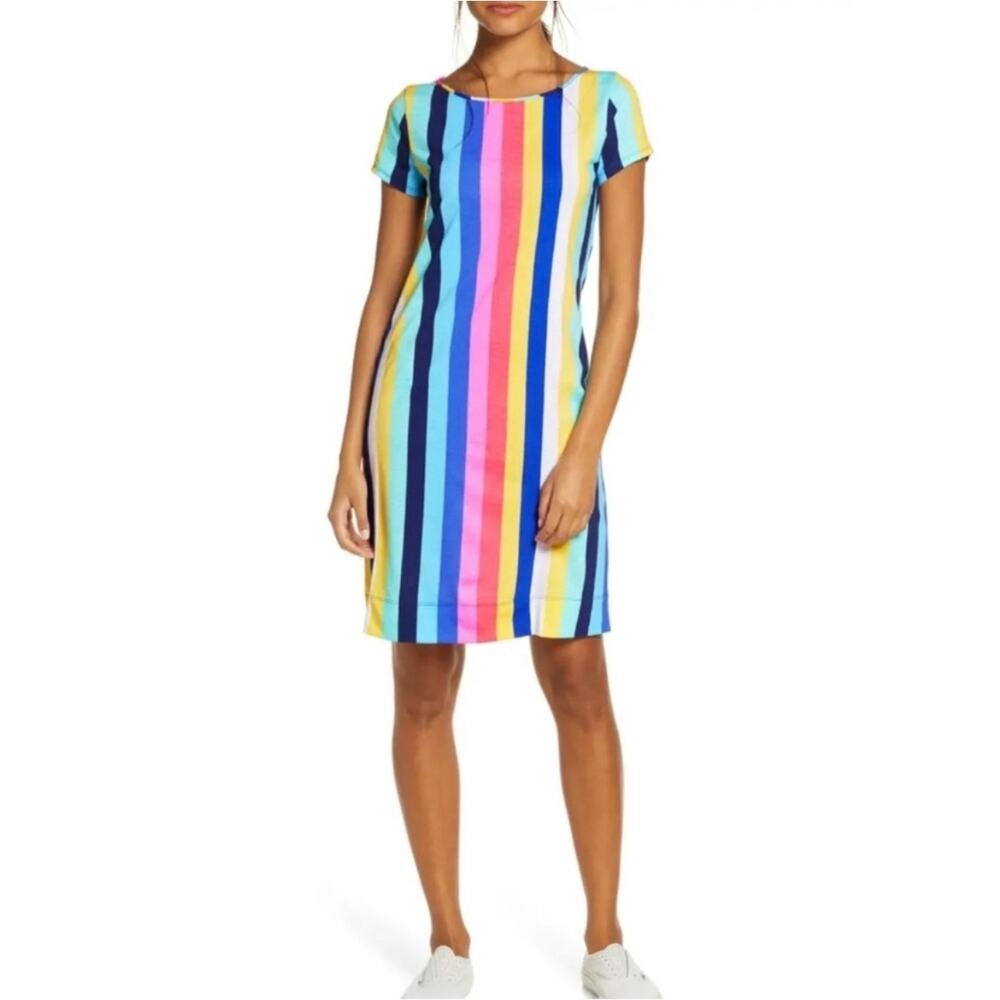 LILLY PULITZER Sz S Marlowe Tshirt Dres Neon Rainbow Vertical Stripe Pima Cotton